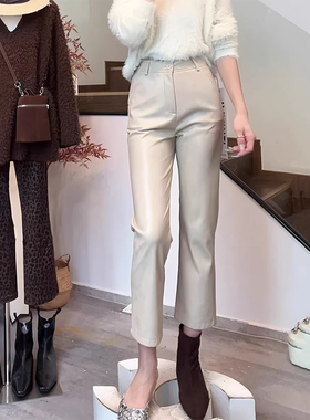 韩系白色九分直筒皮裤女2025秋冬新款今年流行爆款窄版修身烟管裤
