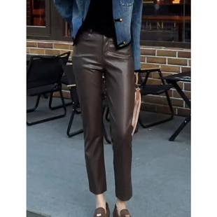 2025复古秋冬新款真皮皮裤九分裤绵羊皮皮裤修身高级感显瘦直筒裤