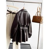 系带皮衣时尚 绵羊皮真皮皮衣光泽感通勤风衣式 外套 新款 2026冬季