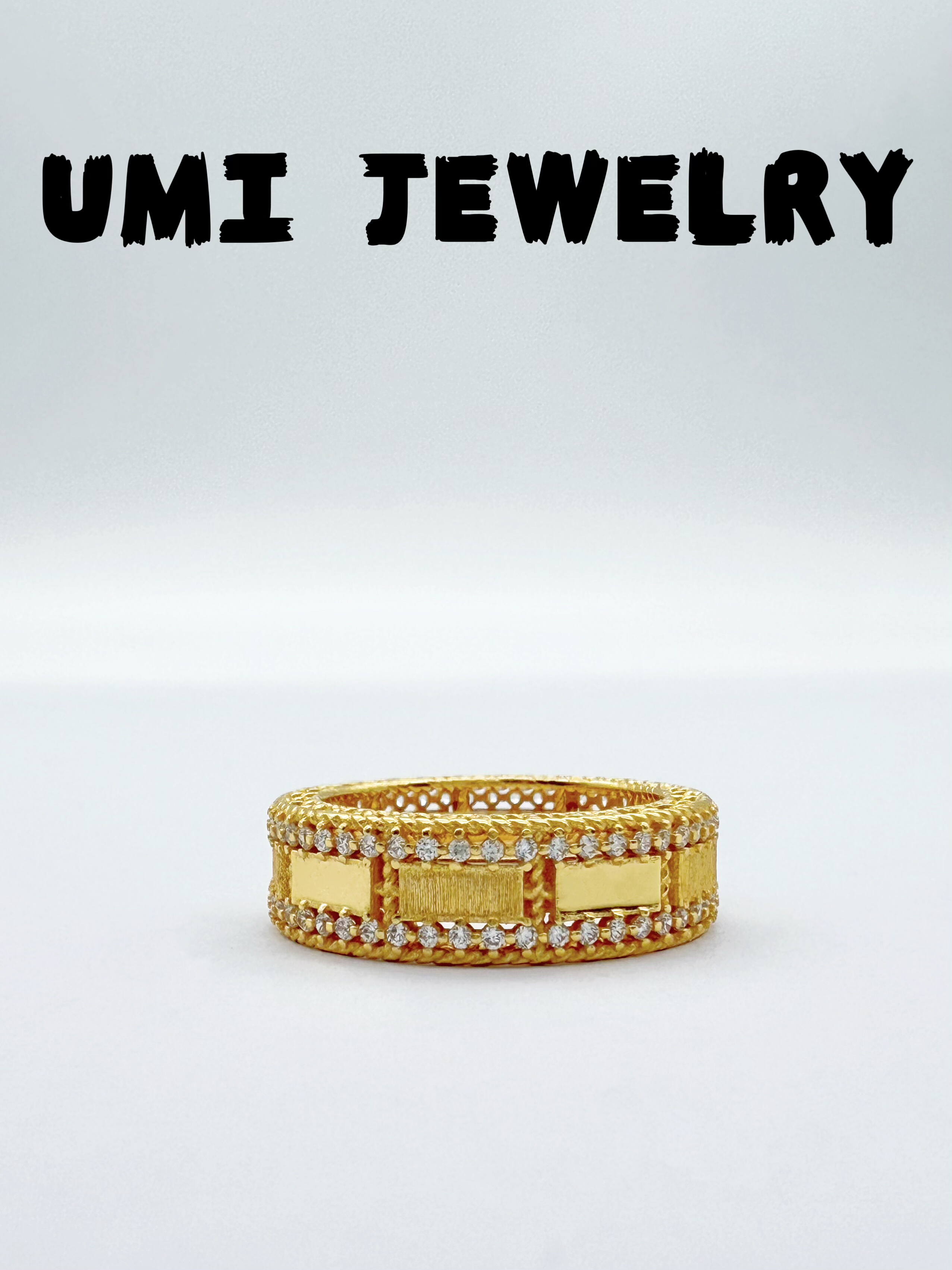 UMI【镜界】S925银镀k金意大利拉丝排钻小众设计复古轻奢高级女戒