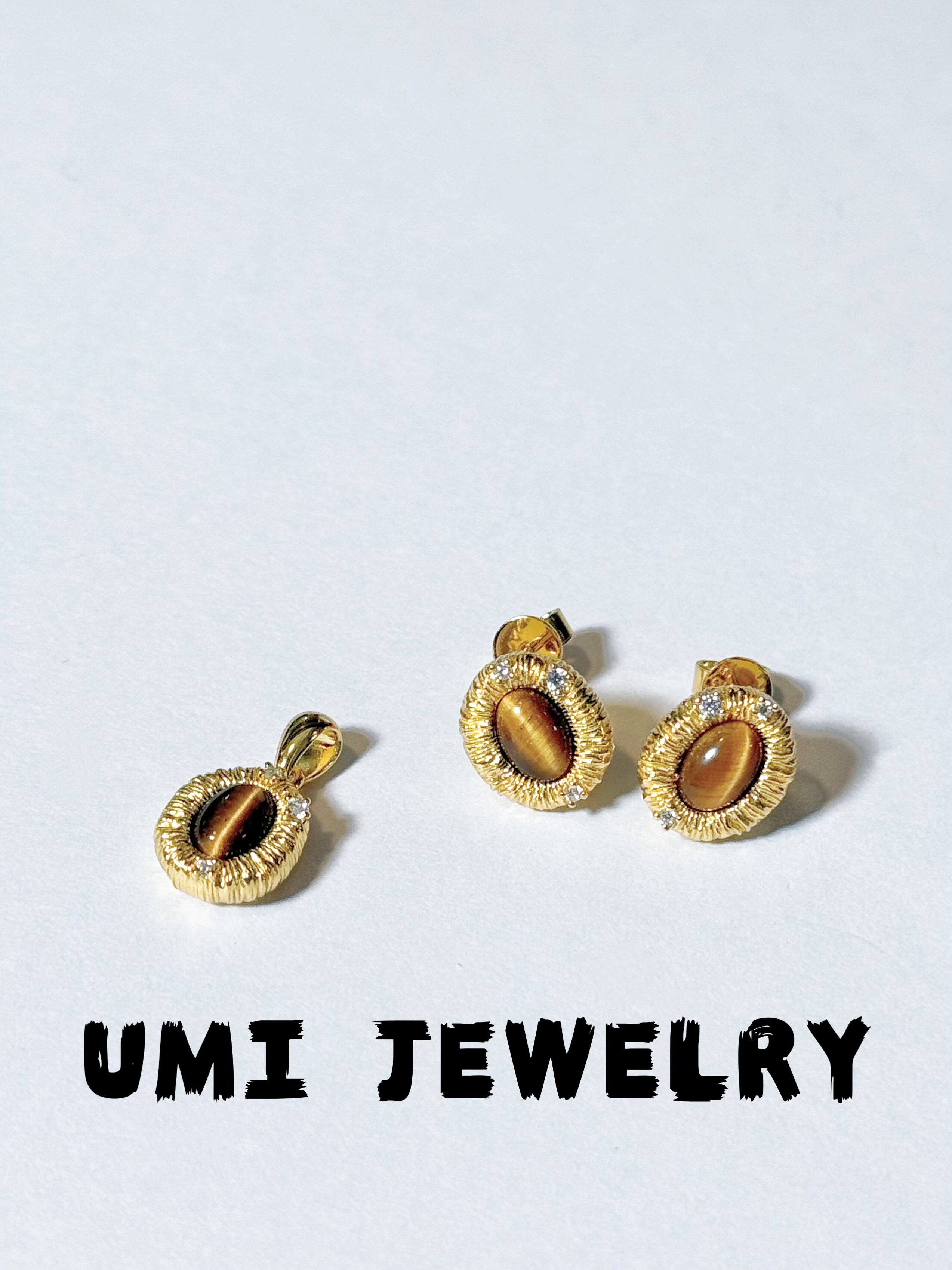 UMI家轻珠宝/S925银镀k金天然虎眼石意大利拉丝耳钉吊坠高级配饰