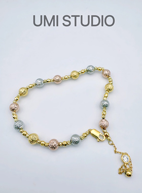 UMI家·轻珠宝/S925银镀k金·三色彩金灯笼球刻花金球手链复古