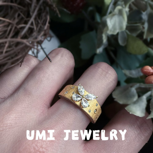 UMI家·轻珠宝/S925银镀k金·拉丝镶钻蝴蝶戒指重工中古精致轻奢