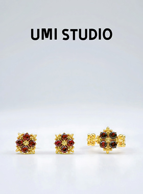 UMI家·轻珠宝/S925银镀k金复古宫廷红宝鸢尾花戒指耳钉精致高级