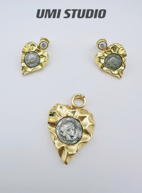 UMI家·轻珠宝/S925银镀金·爱心褶皱纹月亮女神古币吊坠vintage