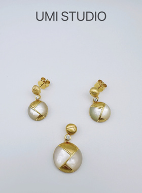 UMI家·轻珠宝/S925银镀金·法式轻奢天然母贝拉丝耳环吊坠套装