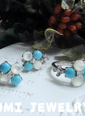 UMI家·轻珠宝/S925银镀k金母贝松石葡萄戒指耳饰小众设计高级感