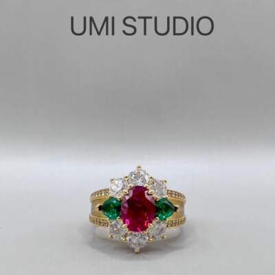 UMI【绿野仙踪】S925镀金拉丝红宝 高碳钻欧美小众轻奢 古银戒指