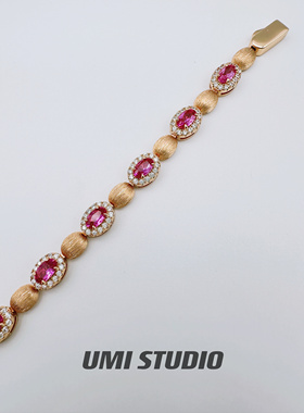 UMI家·轻珠宝/S925银镀金·红刚玉蛋面拉丝手链玫瑰金色链长16cm