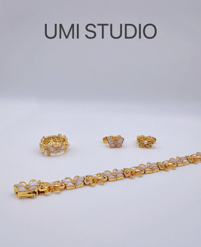 UMI家·轻珠宝/S925银镀k金·古法金工艺蝴蝶母贝套组蕾丝温柔