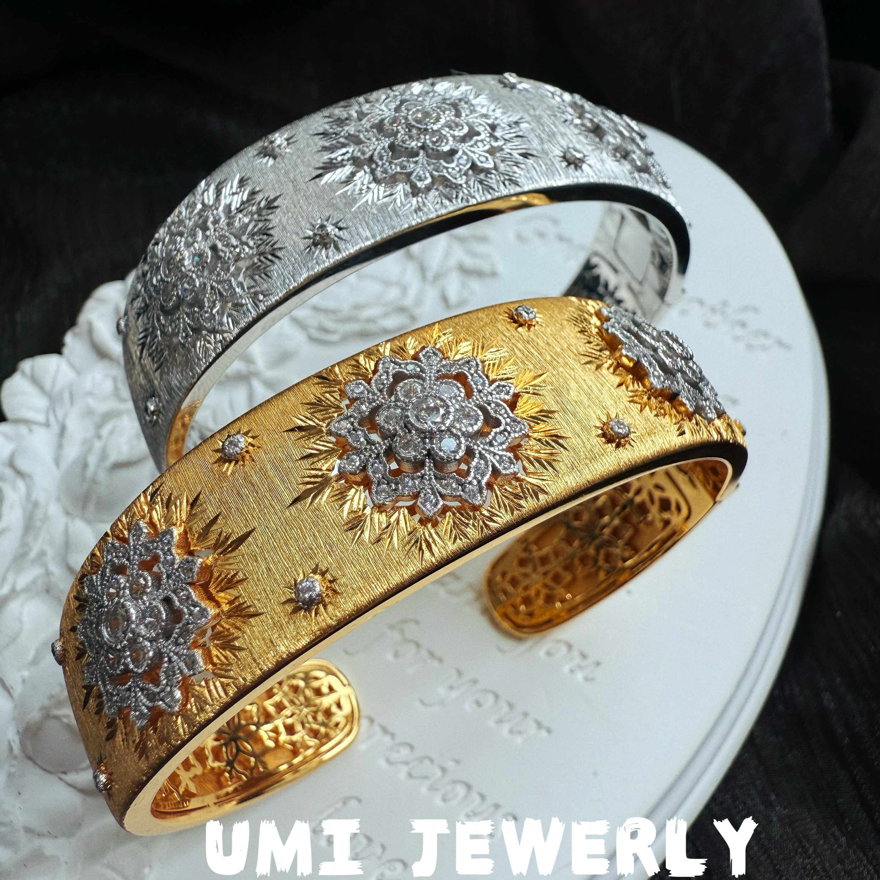 UMI家·轻珠宝/S925银镀k金复古vintage织纹雕金镂空宽版手镯高级