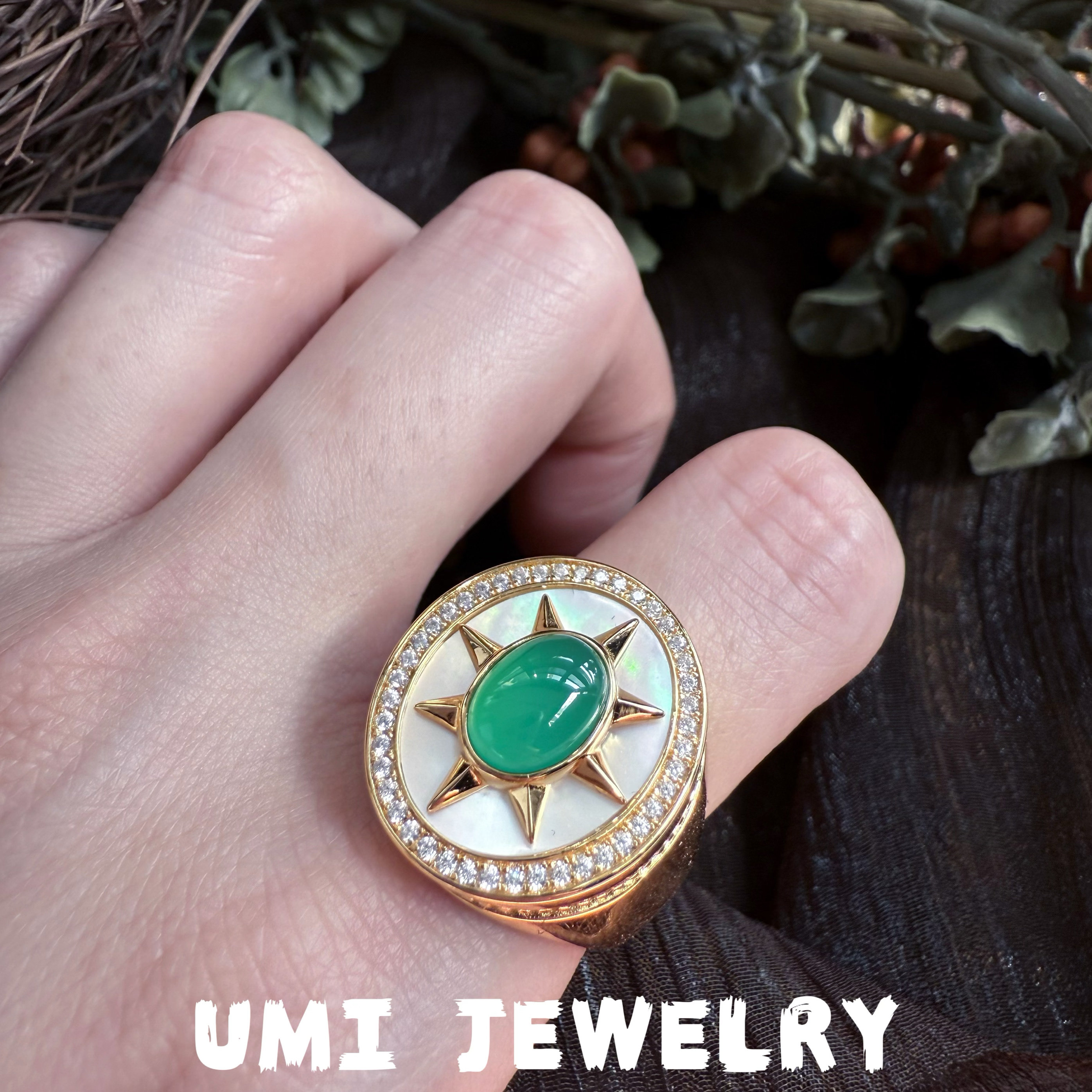 UMI家·轻珠宝/S925银镀k金·天然绿玉髓印章白母贝女戒Vintage