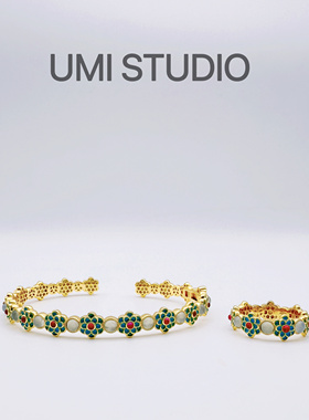 UMI家·轻珠宝/S925银镀k金国风新中式珐琅彩花卉手镯戒指青花瓷