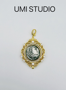 UMI家·轻珠宝/S925银镀k金·阿波罗古币珍珠立体浮雕Vintage吊坠