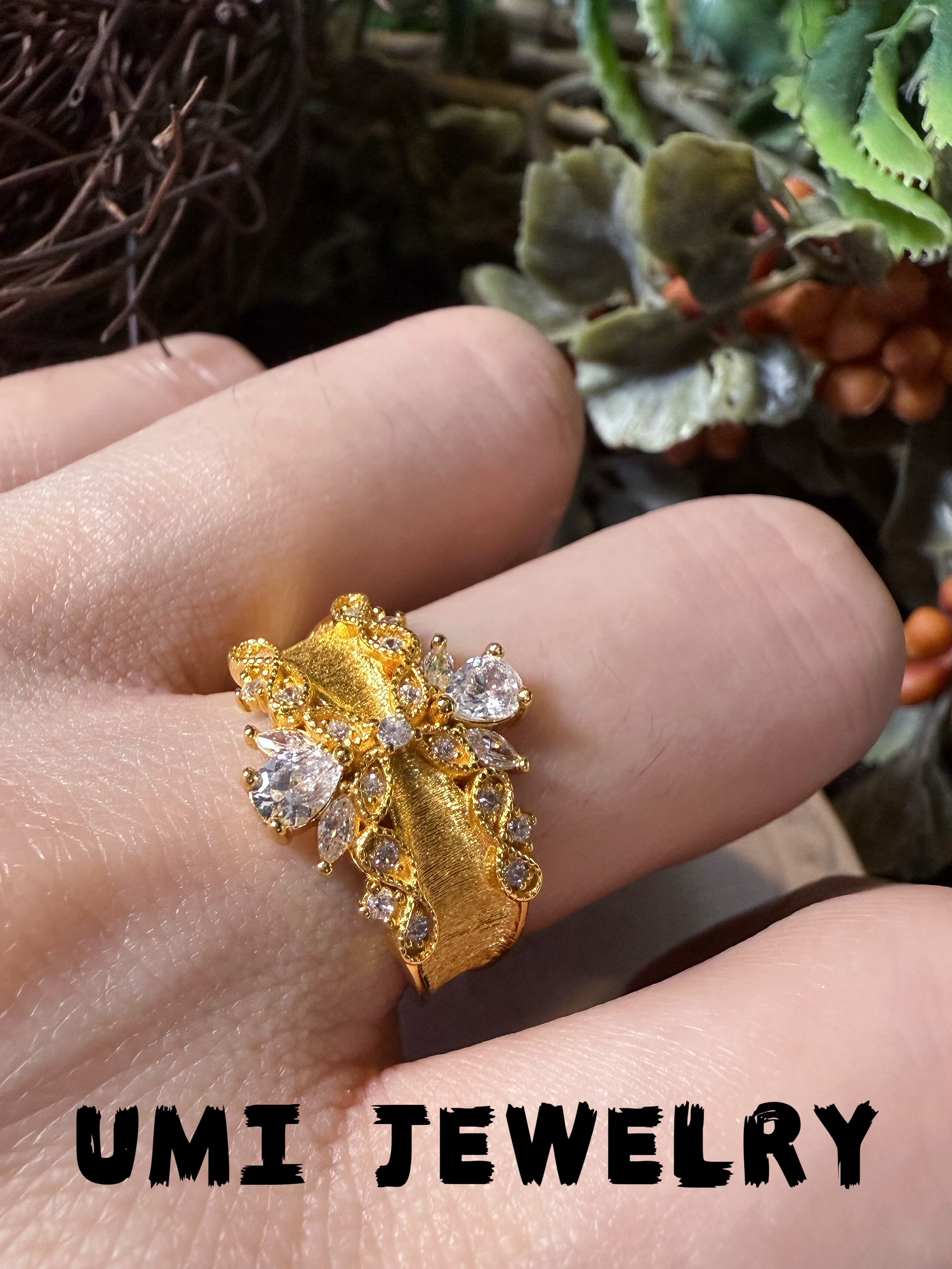 UMI家【双生花】S925银镀k金·意大利拉丝水滴戒指设计师款高级女