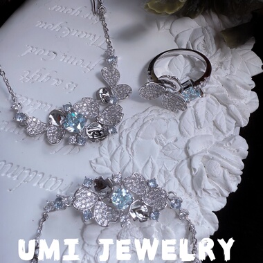 UMI家轻珠宝/S925银镀k金·海蓝宝花簇戒指项链手链高级轻奢小众