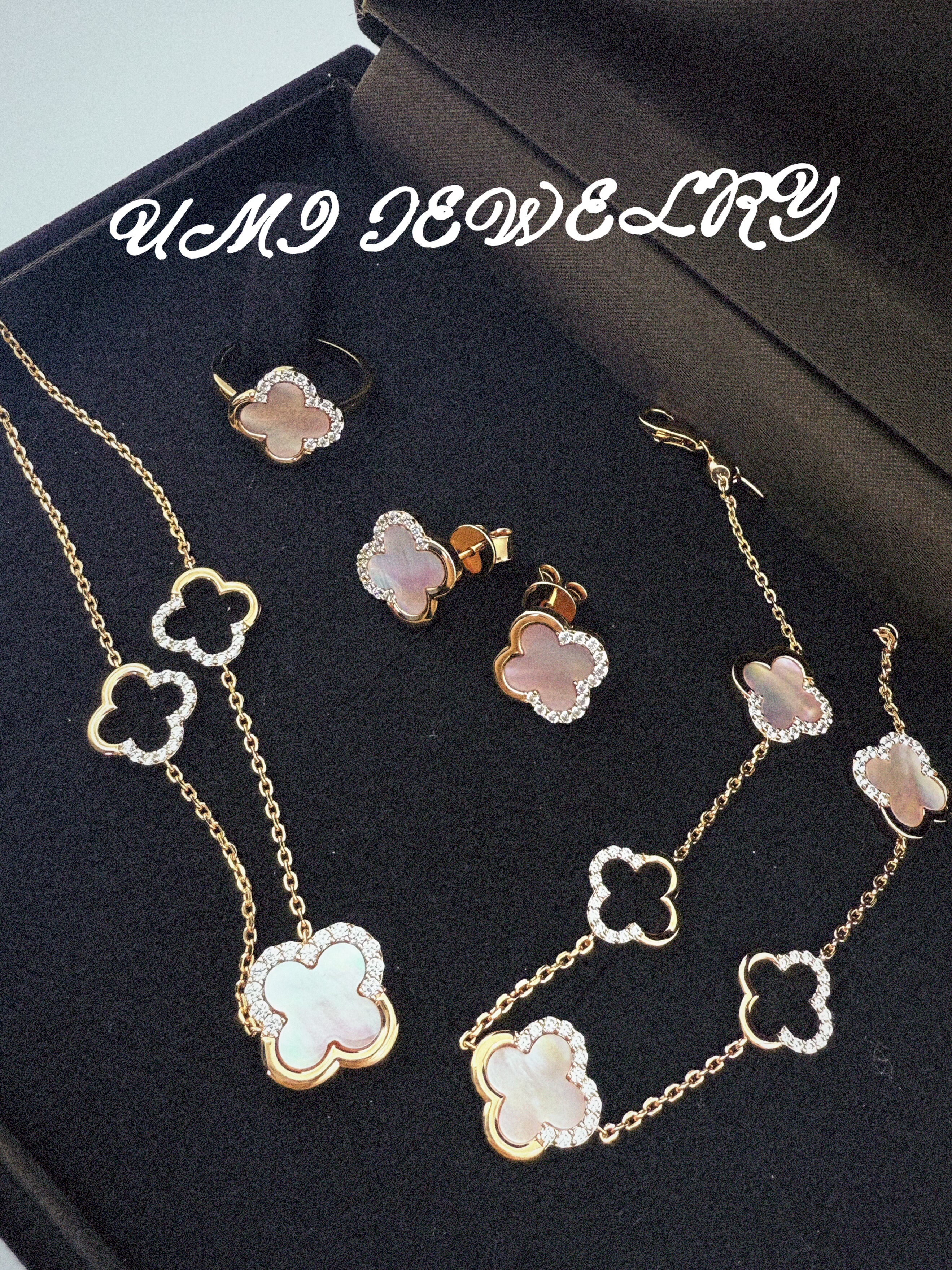 UMI【光语石】S925银镀k金天然母贝四叶草轻奢高级感项链戒指套组