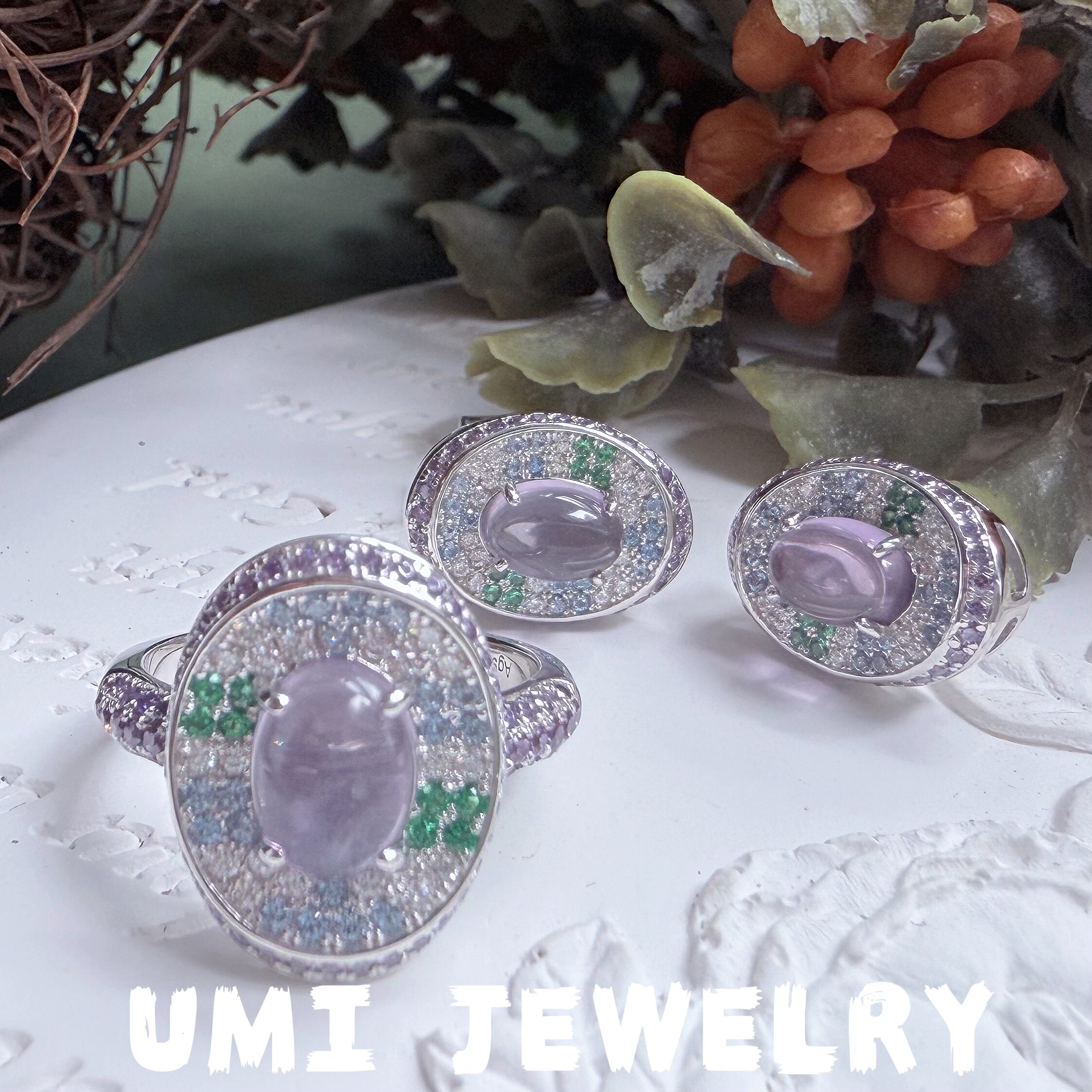 UMI家轻珠宝/S925银镀k金·天然紫水晶彩钻花园戒指耳钉轻奢高级