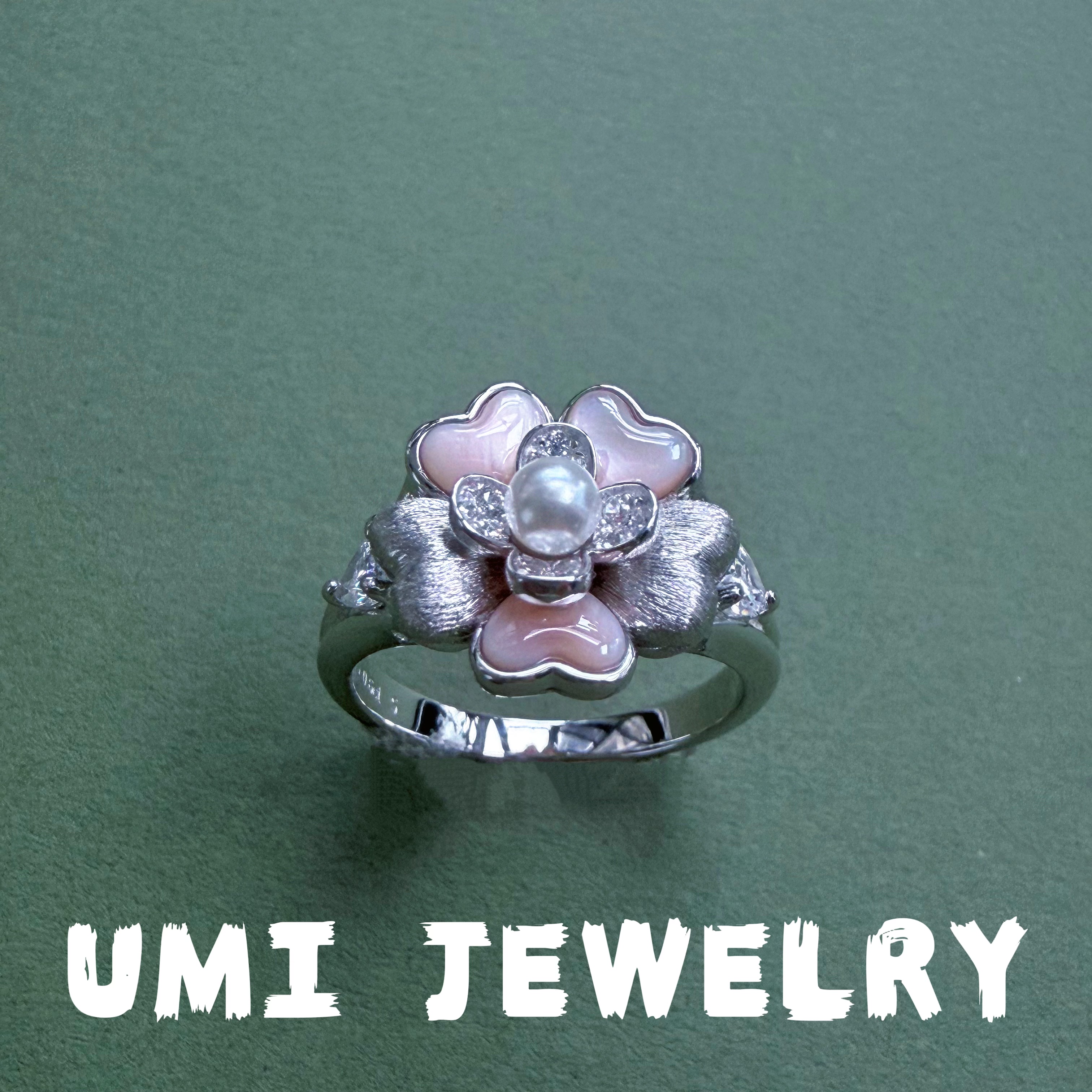 UMI家【粉黛】/S925银镀k金·天然粉母贝立体花拉丝珍珠戒指小众