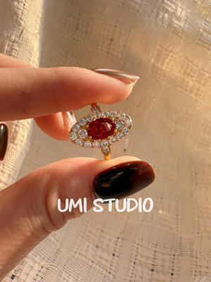 UMI家·轻珠宝/S925银镀k金·鸽血红宝高碳钻水滴戒指高级感新年