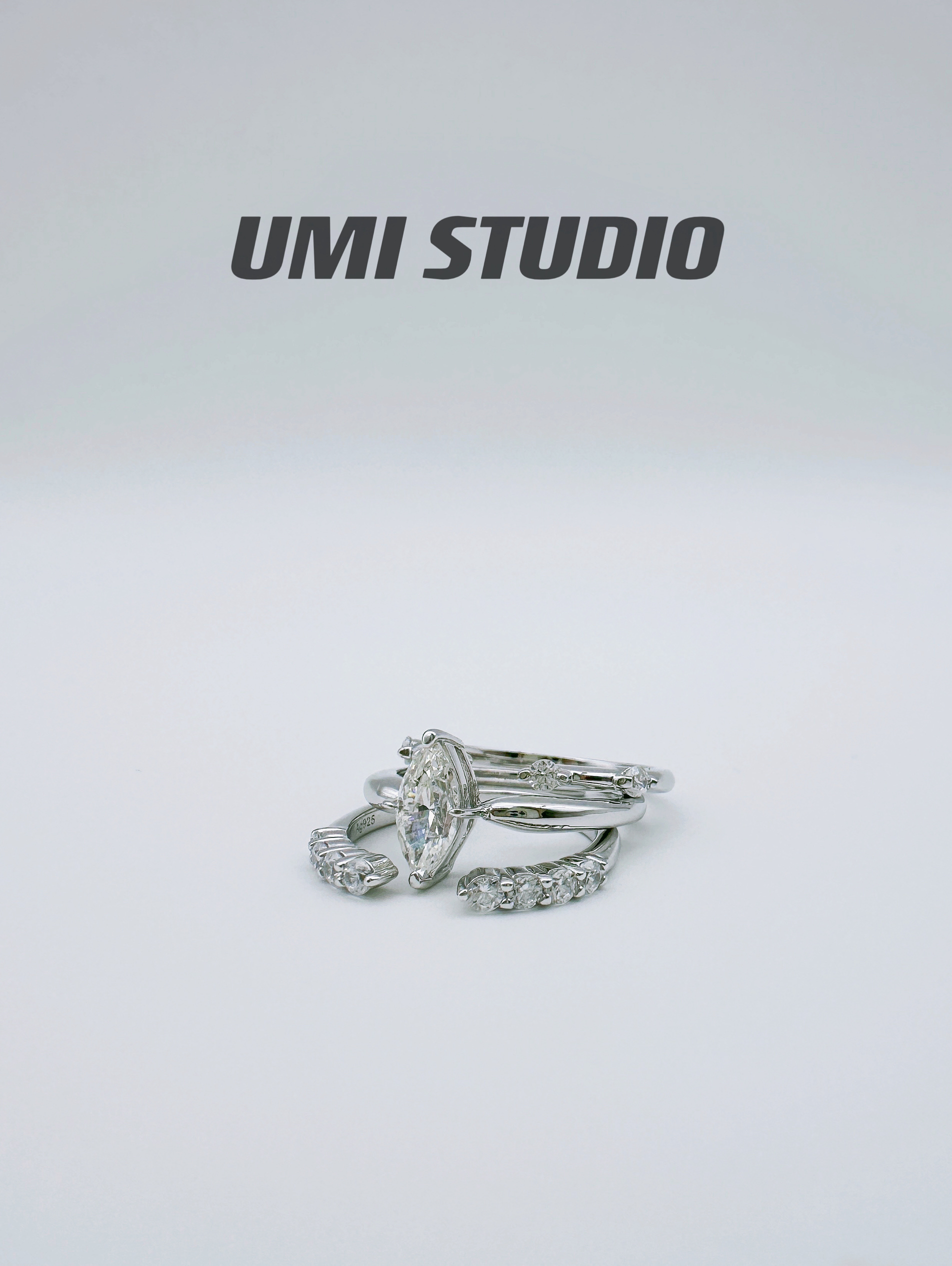 UMI家·轻珠宝/S925银镀金·三层叠戴水滴马眼钻套组尾戒小众设计