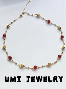 UMI家·轻珠宝/S925银镀k金猫眼镭射拉丝金珠红玉髓项链新年礼物