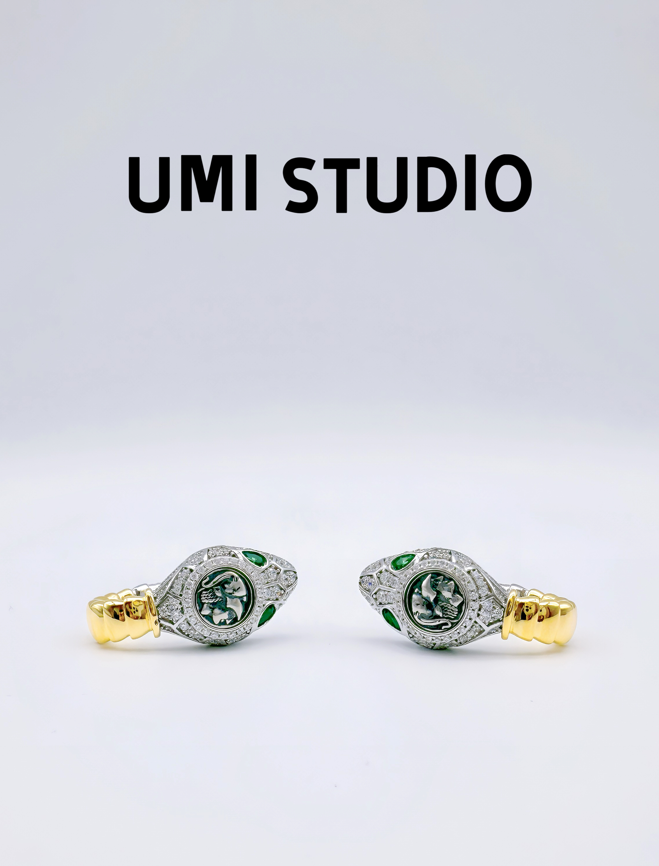 UMI家·轻珠宝/S925银镀k金头盔雅典娜蛇形耳拍镶钻小众设计高级