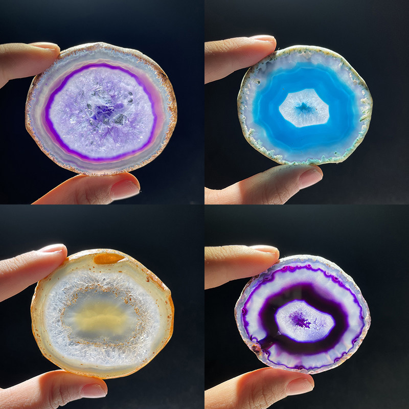 玛瑙片原石切片杯垫摆件小片茶杯垫彩色婚礼写字画画片