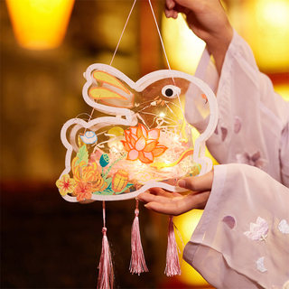 儿童手工DIY中秋节兔子灯笼材料包 可发光小白兔透明卡通兔年花灯