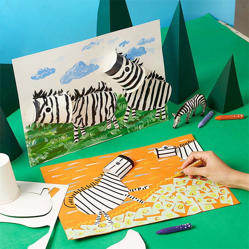 幼儿园儿童美术手工彩纸制作 春天小动物斑马粘贴彩绘纸杯材料包