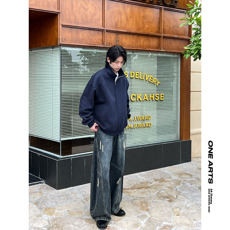 空气层立领长袖宽松开衫外套