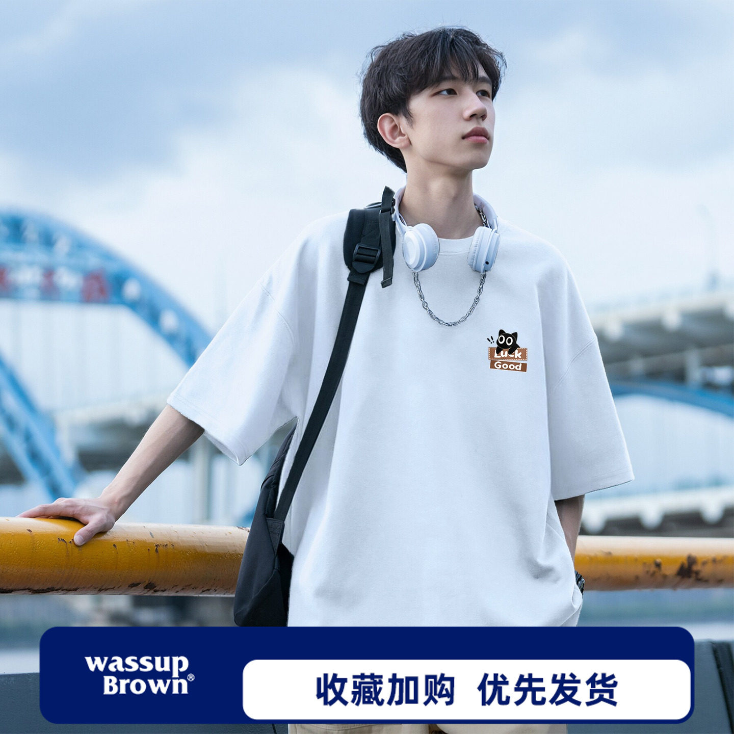 WASSUPBROWN小猫纯棉T恤男士