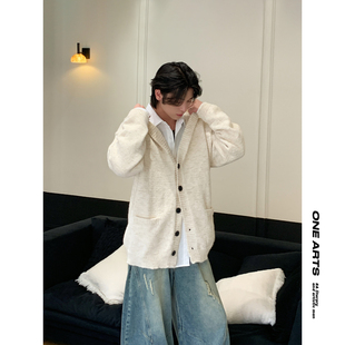 ONEARTS藏青色毛衣男款秋冬季慵懒风大口袋连帽毛衫情侣针织外套