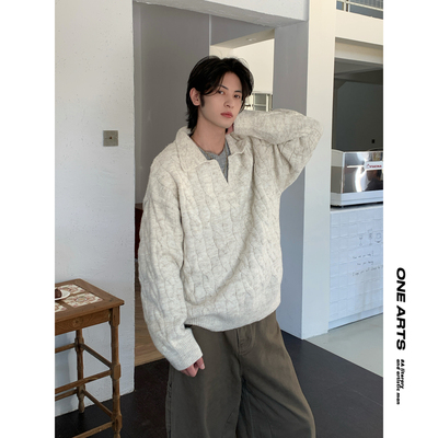 假两件撞色复古翻领麻花套头