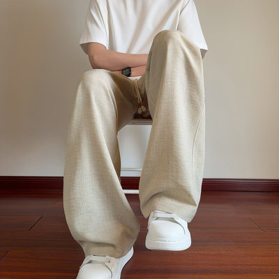 WASSUP BROWN新中式老钱风休闲裤男秋季直筒阔腿宽松仿麻百搭长裤