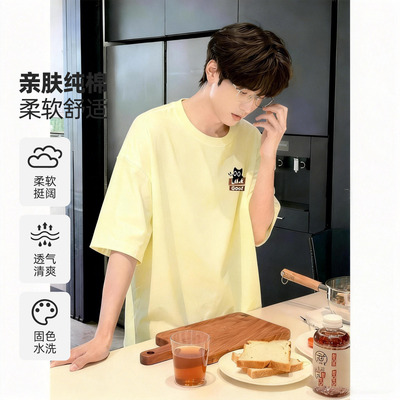 小猫标语纯棉短袖T恤男夏季宽松圆领休闲五分袖休闲上衣潮