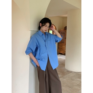 衬衣 纯棉宽松内搭日系高级痞帅长袖 克莱因蓝色衬衫 男春季