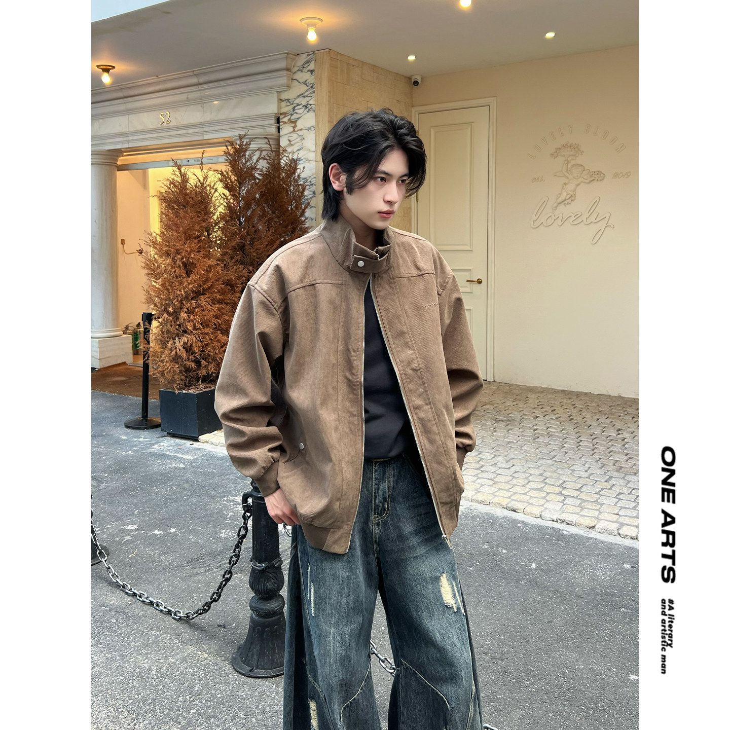 咖色衣服美式复古半高领痞帅夹克