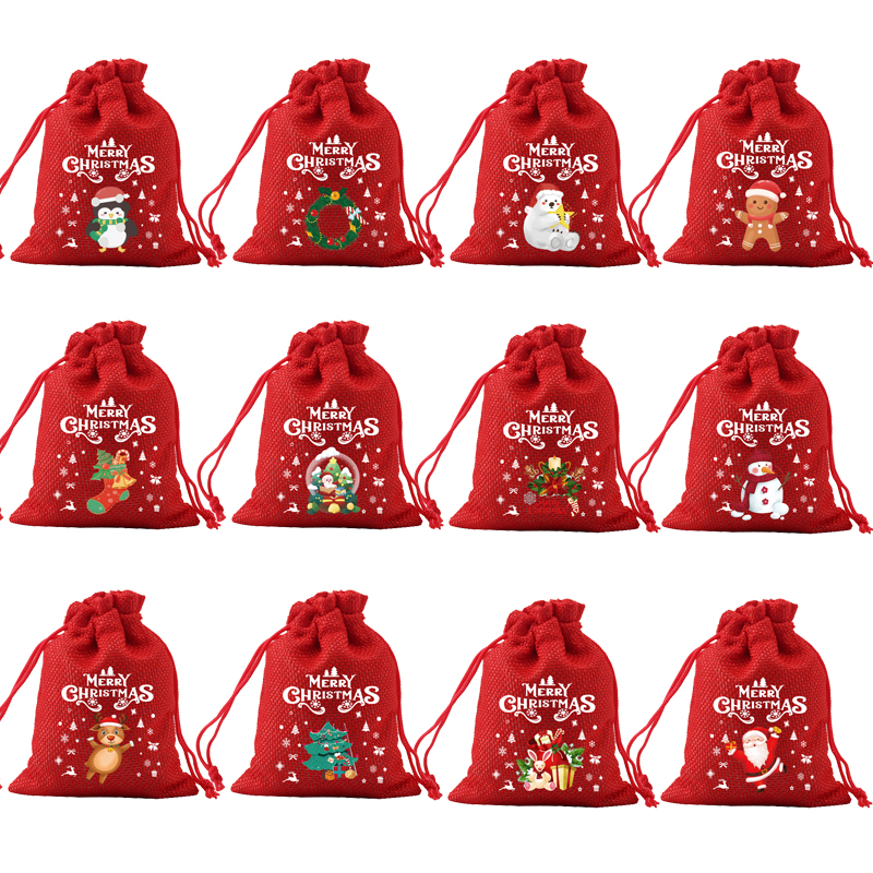 大红色圣诞麻布袋平安夜苹果包装袋学生送礼礼物袋糖果袋束口袋