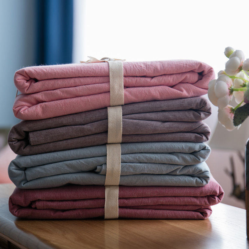 日式无印水洗纯棉简约三四件套良品全棉裸睡纯色格子条纹被套床单