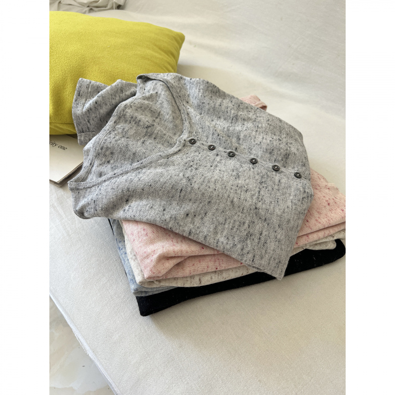 秋季亚麻羊毛混纺杂色圆领套头针织衫女薄款长袖t恤宽松百搭上衣