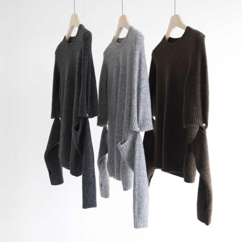 可拆卸袖套露指羊毛混纺上衣女冬季新款圆领套头短袖针织衫