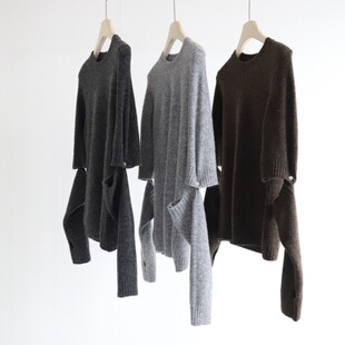 可拆卸袖套露指羊毛混纺上衣女冬季新款圆领套头短袖针织衫