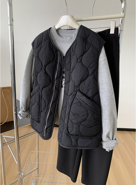 老钱风黑色菱格棉马甲外套女25秋冬加厚保暖葫芦马夹背心拉链开衫