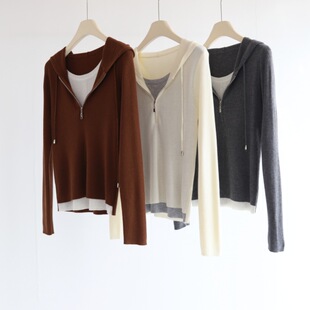 设计感假两件拉链连帽针织衫女秋冬新款时髦休闲长袖套头上衣