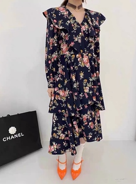 现货韩国进口2023秋冬新款tara by motion时尚唯美印花长袖连衣裙