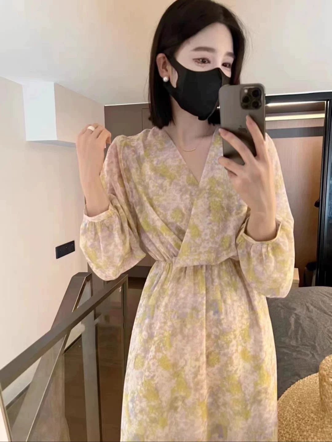 韩国东大门进口 Vegetable时尚百搭显瘦碎花雪纺长袖连衣裙女