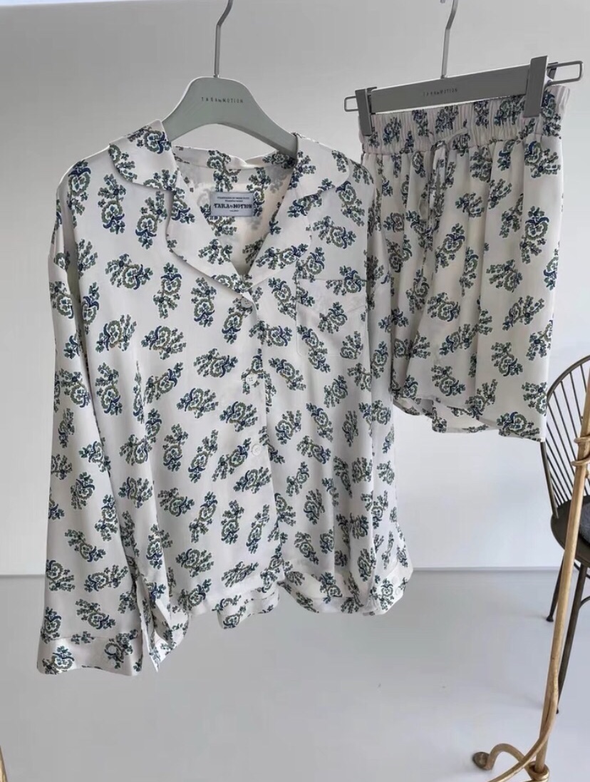 现货韩国进口2023春夏tara by motion时尚印花长袖衬衫加短裤套装