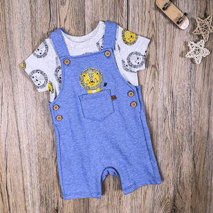 外贸 男宝夏季纯棉背带裤连身短裤婴儿短袖T恤上衣两件套装