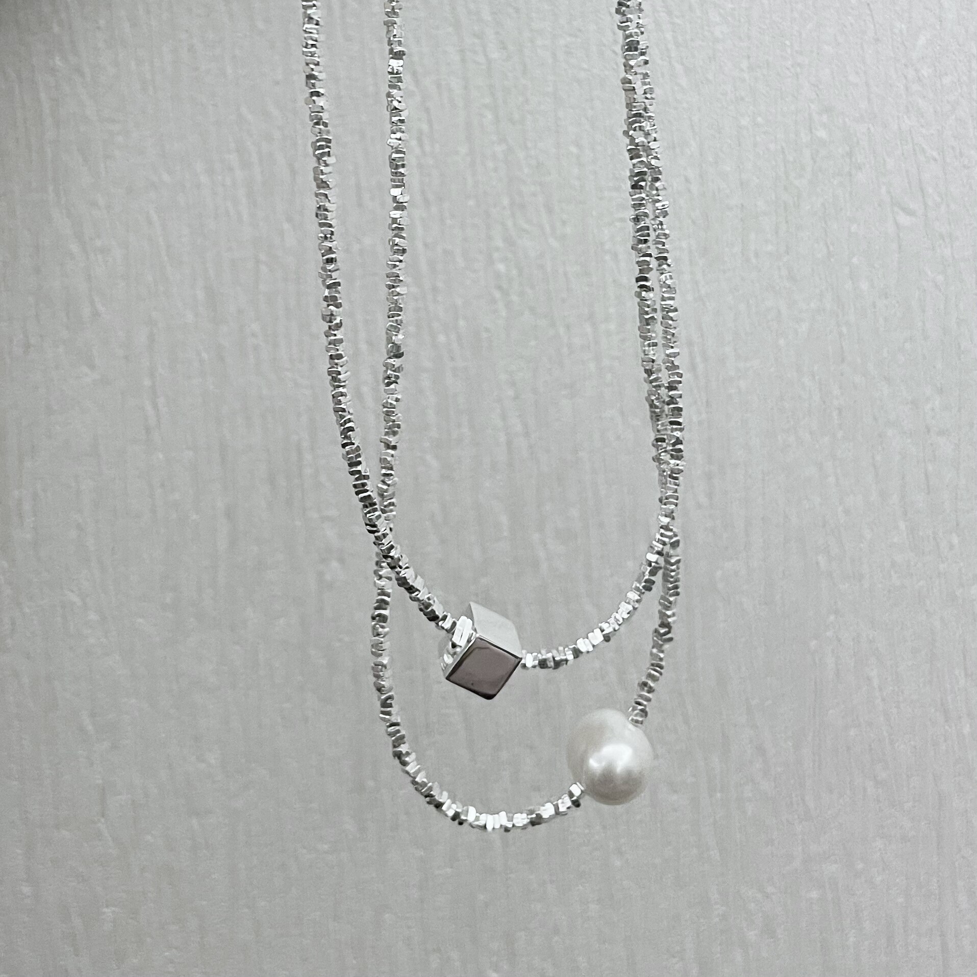 银河星光 925通体纯银 纯手工足银碎银几两珍珠细闪项链锁骨链